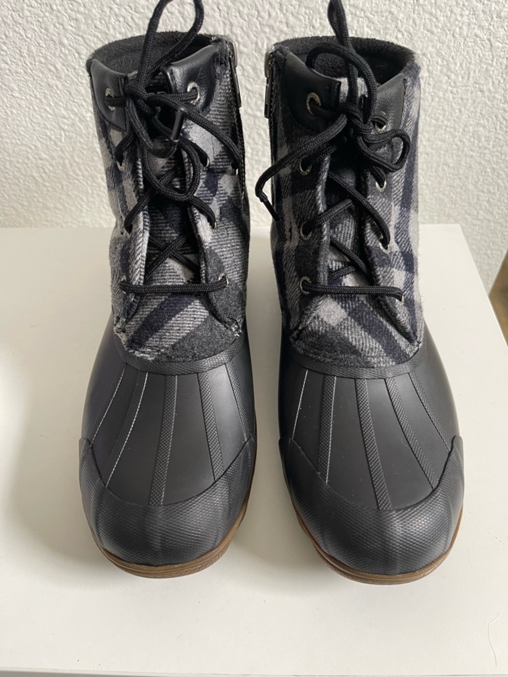 Sperry Black and Gray Plaid Duck Boots